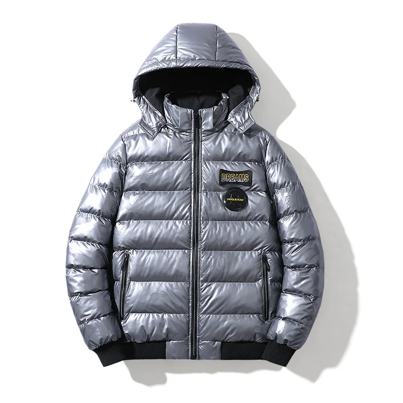 Didiboer Winter Men Hooded Reflective Jackets Men Thicken Parkas Hat Detachable Casual Warm Cotton Parka Jacket PU Leather Coats