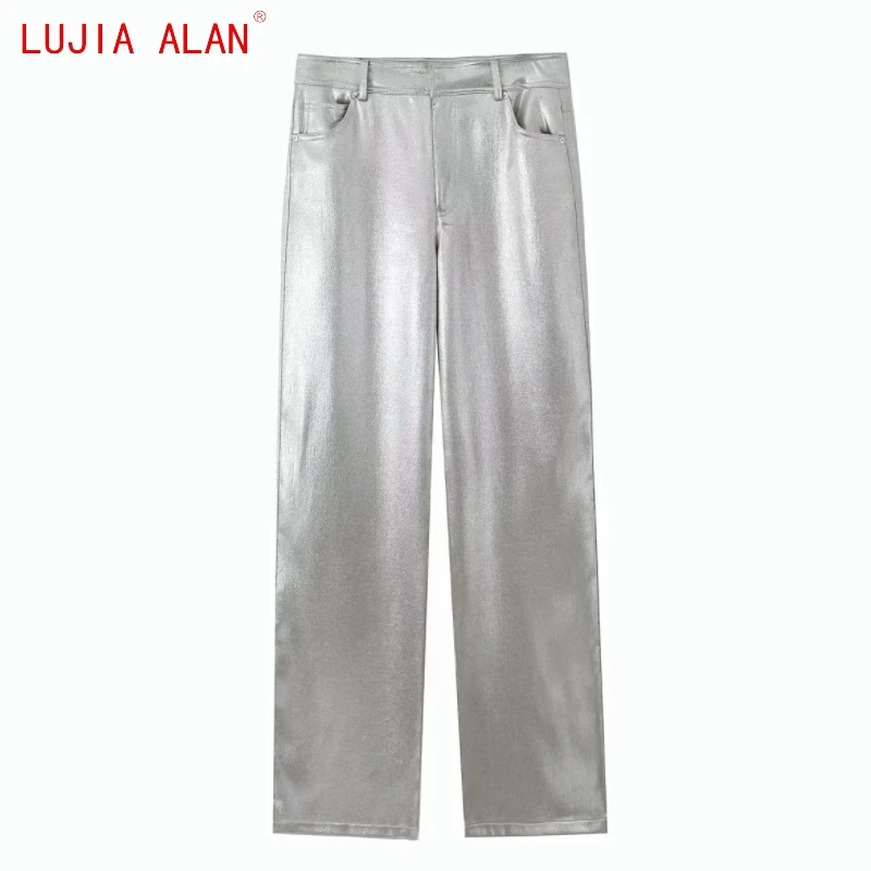 

New Women Silver Gray Straight Leg Pants Female Casual High Waist Loose Trousers LUJIA ALAN P5316
