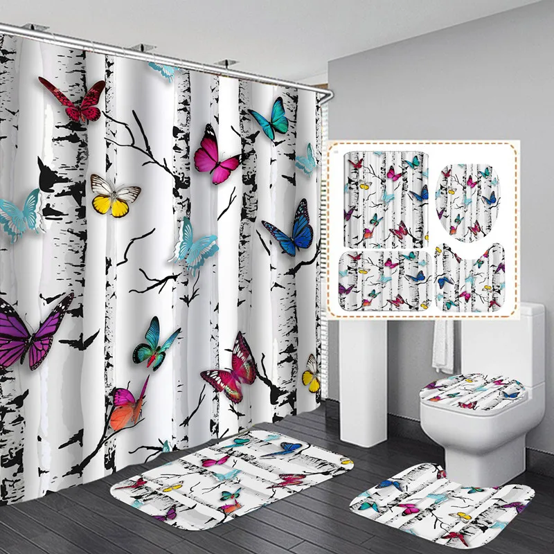 

Butterfly Bathroom Waterproof Shower Curtain Set with 12 Hooks Toilet Seat Cover Non-Slip Mat Rugs Carpet Washable Home Decor