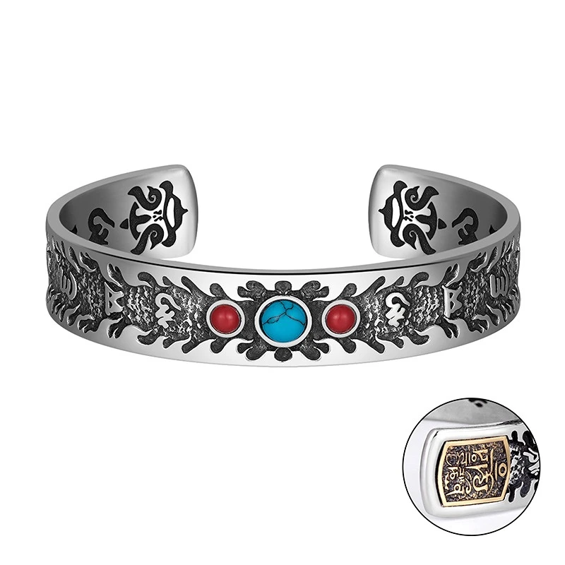 

Europe's new 925 sterling silver six word truth opening bracelet inlaid with turquoise bracelet amulet punk party jewelry gift