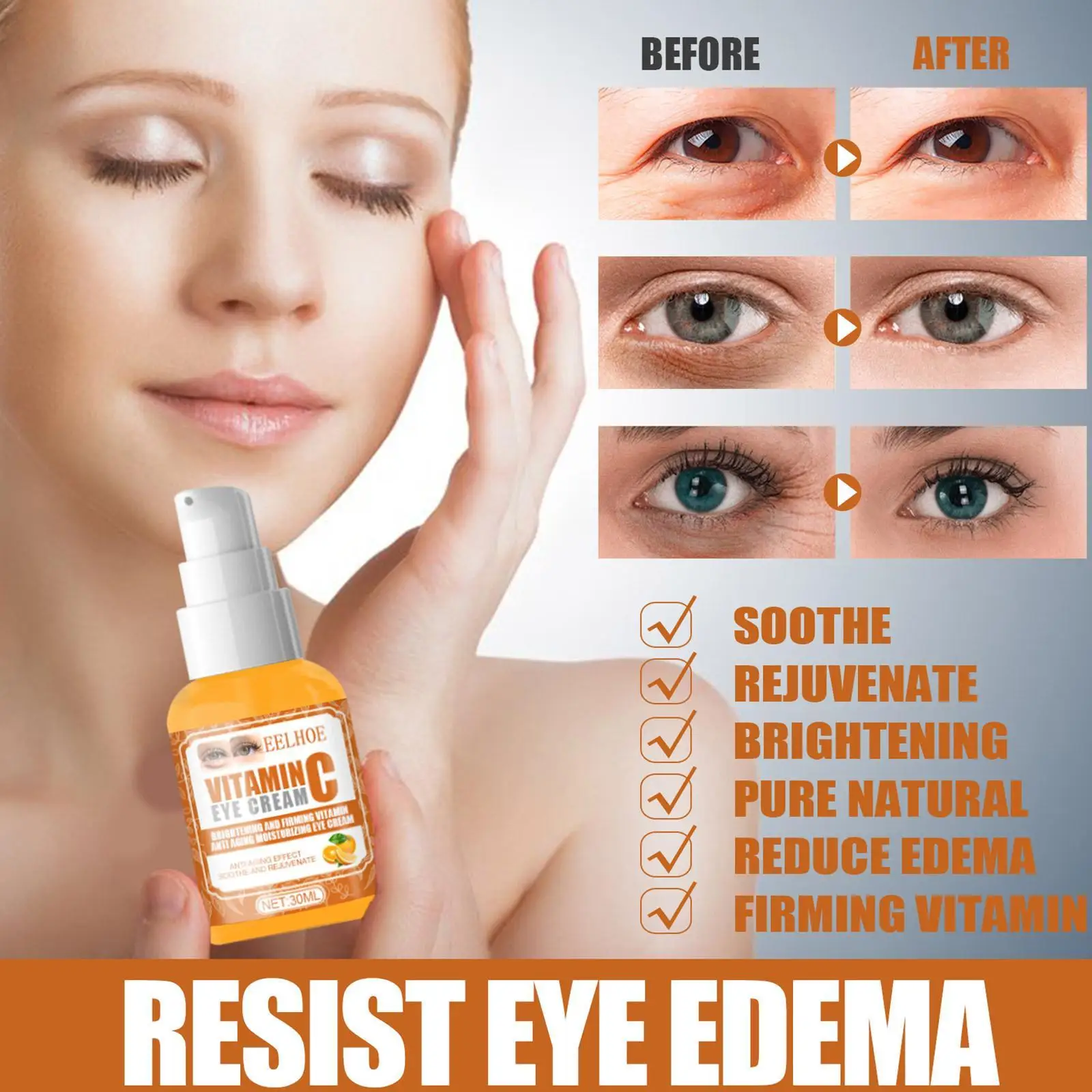 

Vitamin C Eye Cream Whitening Dark Circles Removal Fade Eye Bags Anti Wrinkle Serum Moisturize Brightening Moisturizing Eye Care