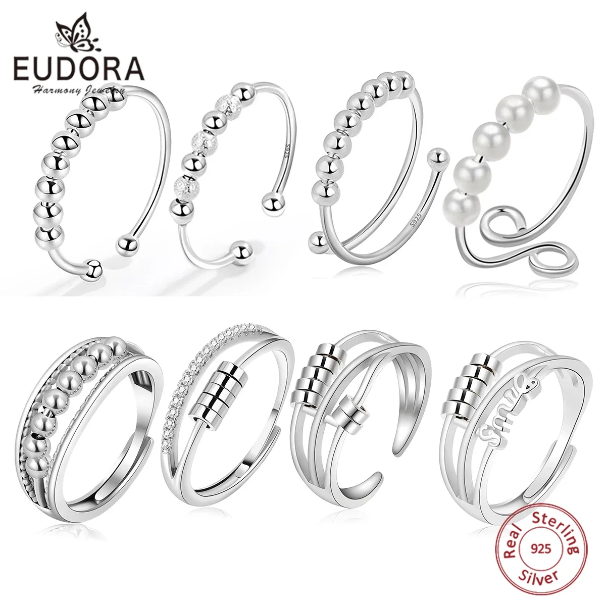 

Eudora 925 Sterling Silver Anxiety Ring for Women Stress Release Accessory Classic Wedding Band Anti Stress Ring Rotate Gift
