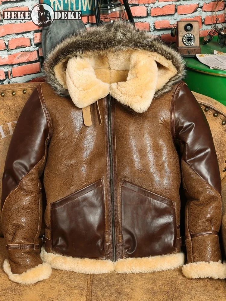 

Warm Winter Thicken Wool Liner Genuine Leather Jacket Men Real Fur Pilot Overcoat Hooded Motorcycle Sheep Shearling Jacket 6XL