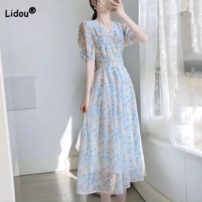 

Dignified Elegant Women's V-Neck Floral Print Dresses 2023 Summer Short Sleeve Fashion All-match Fairy Dress Female Clothing