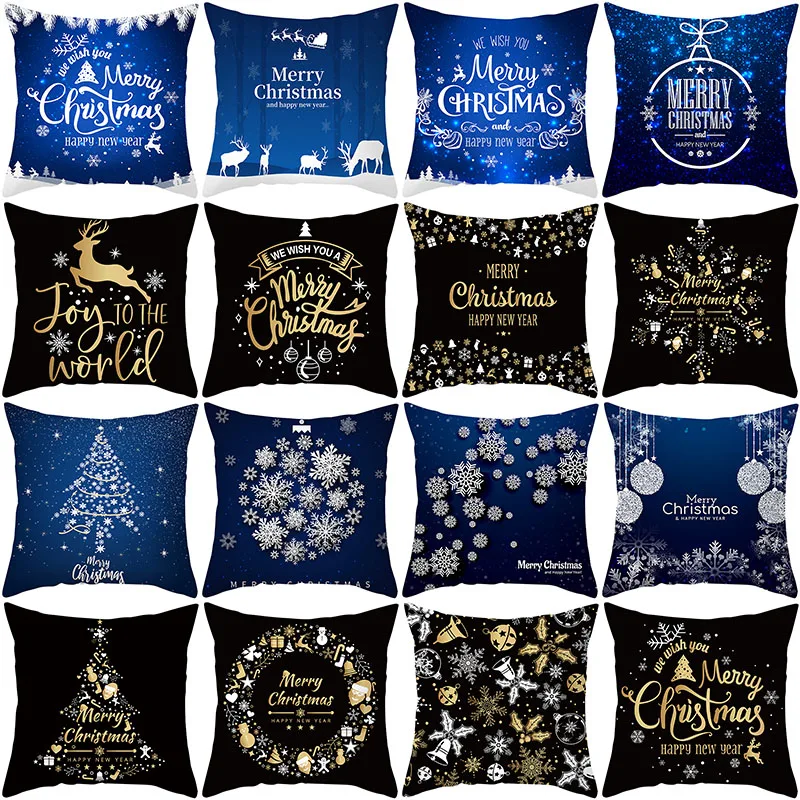 

Christmas Cushion Cover 45x45 Black Blue Pillowcover Polyester Sofa Cushions Decorative Pillowcase Throw Pillows Home Decor