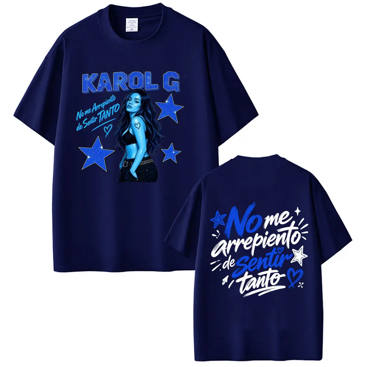 Фото Футболка с принтом Karol G Album No Me Arrepiento De Sentir Tanto 2026 для мужчин и женщин, эстетичная, модная, свободная, повседневная, из хлопка. №5