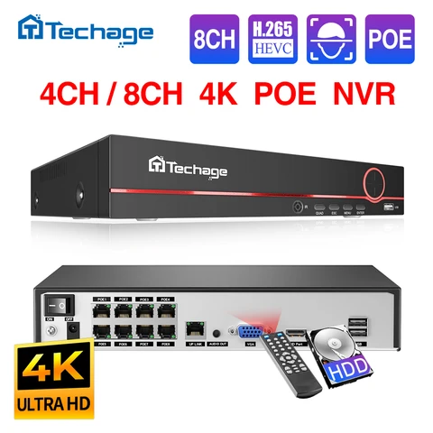 Видеорегистратор Techage, H.265, 8 каналов, 4 МП, 5 МП, 8 Мп, 1080P, 4K