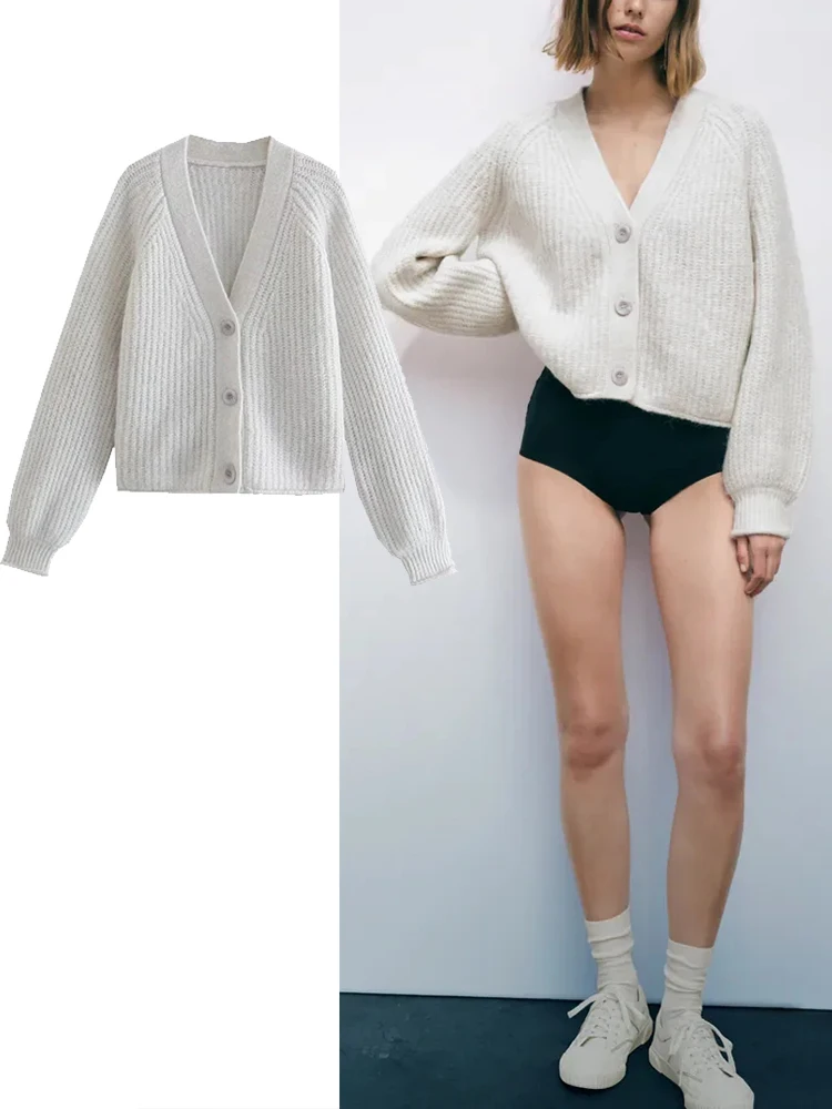 

TRAF 2022 Woman Knitted Sweater Woman Winter Jacquard Soft Single Breasted Autumn Casual Loose Tops