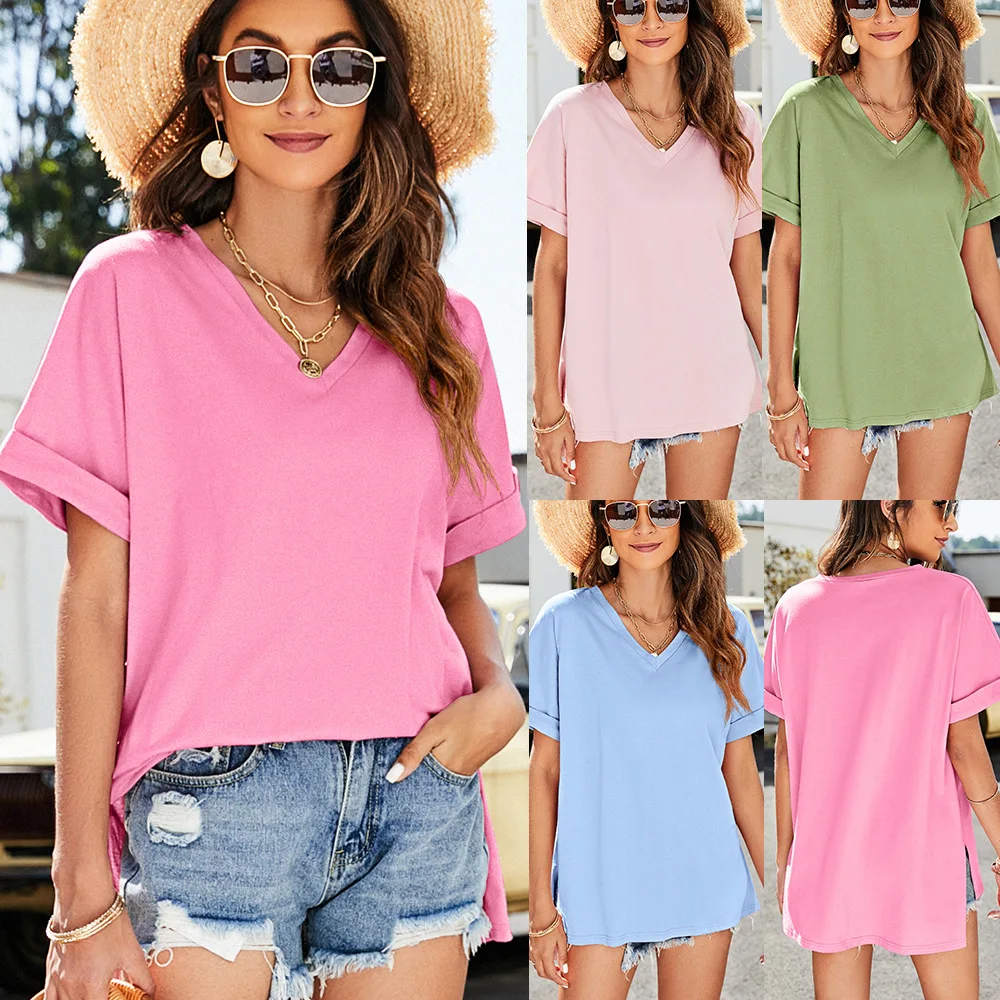 2022 Women Summer V Neck Short Sleeve T shirt Loose Sexy camiseta feminina T Shirts Female Long Style Tops