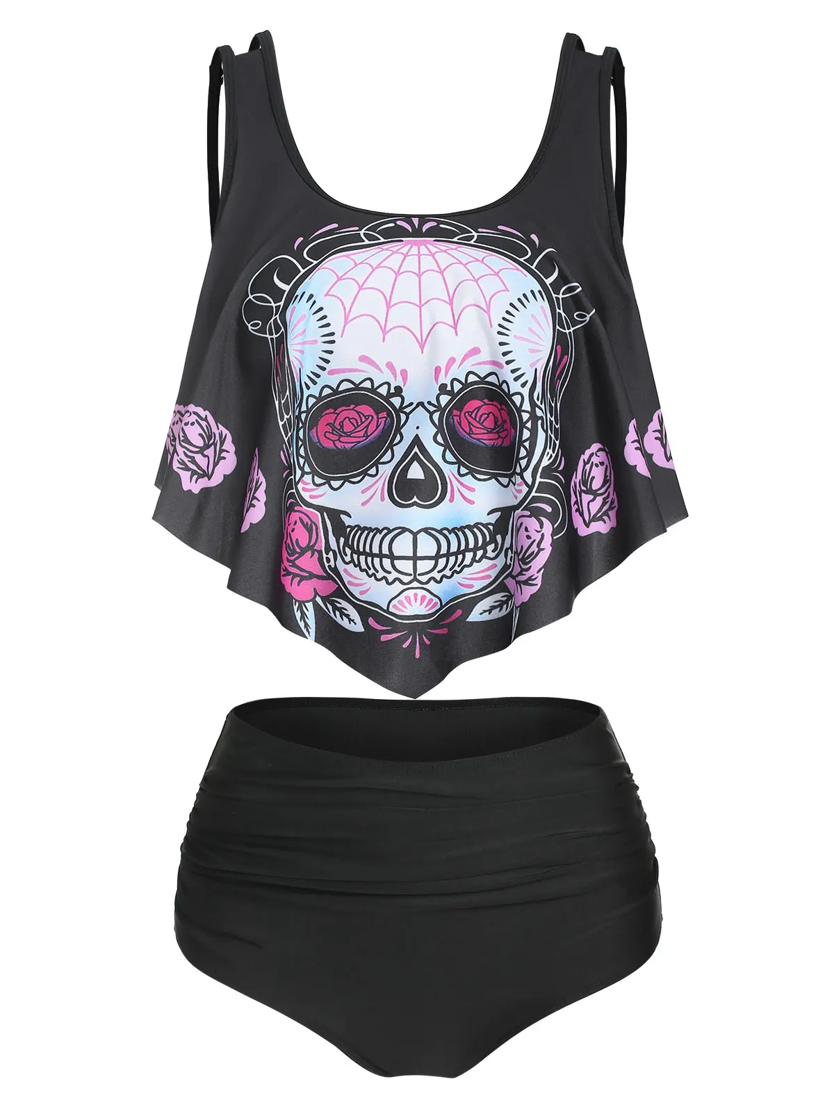 

Skull Flower Print Criss-Cross Padded Tankini Set Two Piece Swimsuit Girl Beach Bathing Suit Swimwear Biquinis