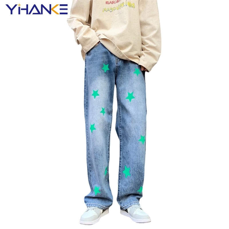 YIHANKE Spring New Trend Men Pentagram Print Jeans Straight Leg Pants Loose Wide Leg Jeans Pants Fashion Men Trousers Pantalones