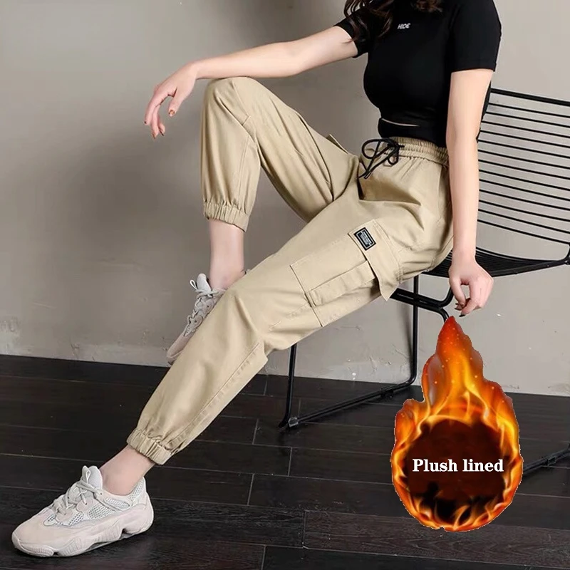 New Winter Cargo Pants Women Cotton Solid Pockets Streetwear Fashion Warm Short Plush Fur Lined Casual Trousers 2021