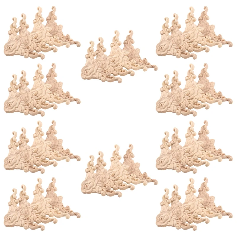 

40Pcs 8X8cm Wood Carved Corner Onlay Applique Door Cabinet Rose Unpainted European Style