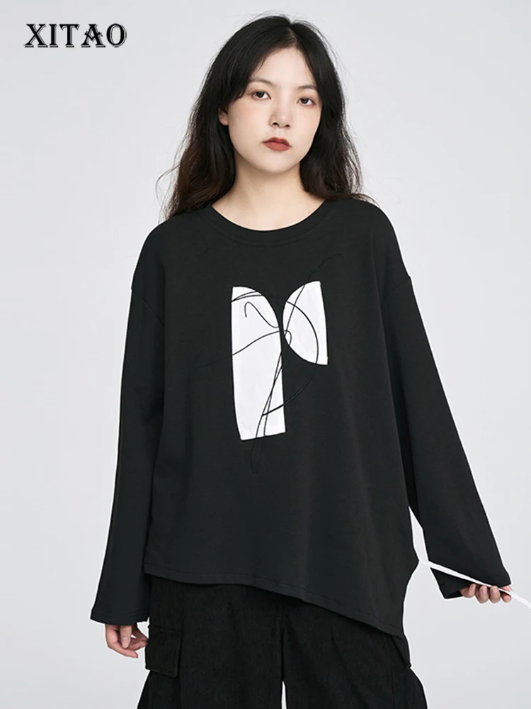 

XITAO Irregular Causal Women T-shirt Loose Fashion Contrast Color Print Pullover Top 2023 Autumn Simplicity New DMJ2552