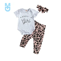 new born baby girls 3 piece outfit set letter print romperleopard pantsheadband set
