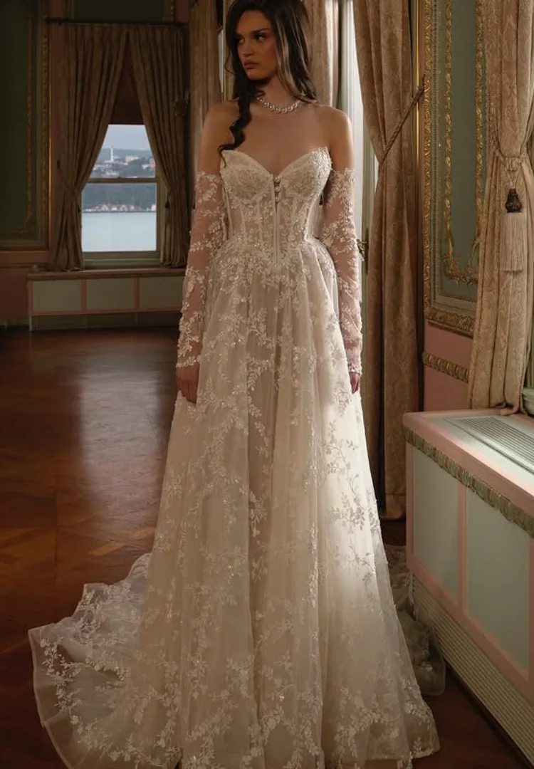 Фото Vestido De Novia Encaje Свадебное платье трапециевидной формы Elegante Vestidos Sencillos Manga Desemontables Корсет 2025 Alta Calidad на заказ №1