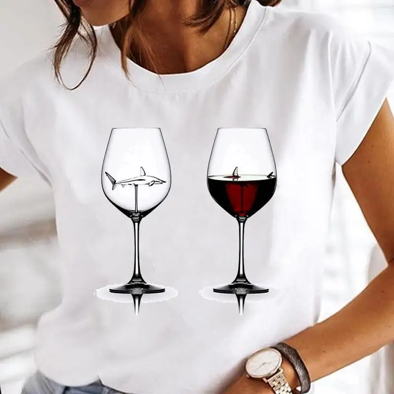 

Women Cartoon Wine Cup Print Short Sleeve Tops Graphic Tees Female Animal Cute Tshirt Fashion Clothes Lady T-Shirt