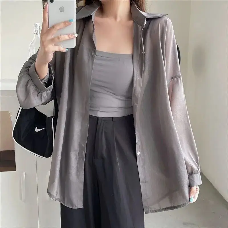 Summer New Chiffon Thin Shirt Tops Long Sleeve Solid Color Loose All-match Blouse Simplicity Casual Fashion Women Clothing