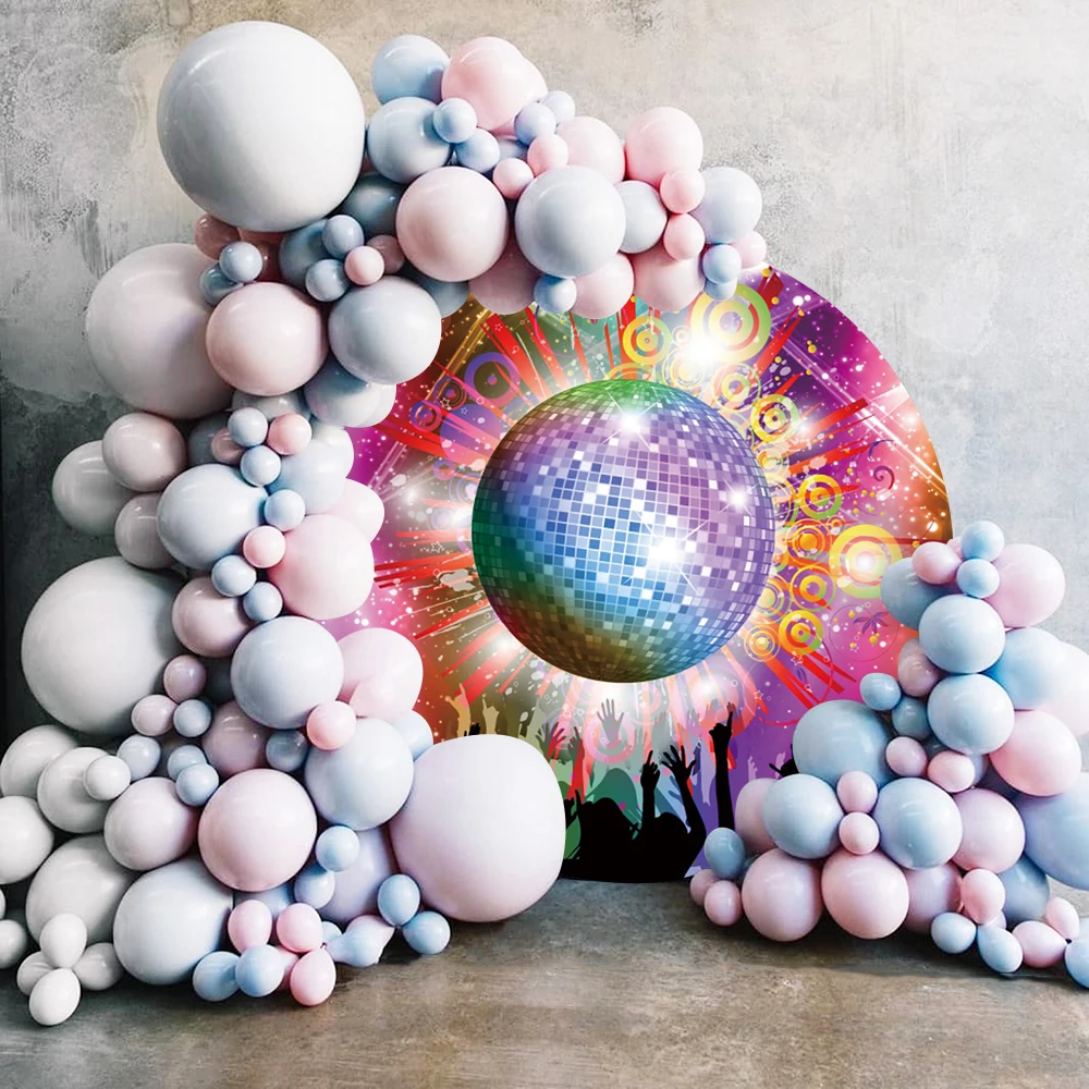 

70’s Theme Party Round Photography Backdrop Disco Music Neon Lights Star Glitter Background Back to the 80s & 90s Photo Studio