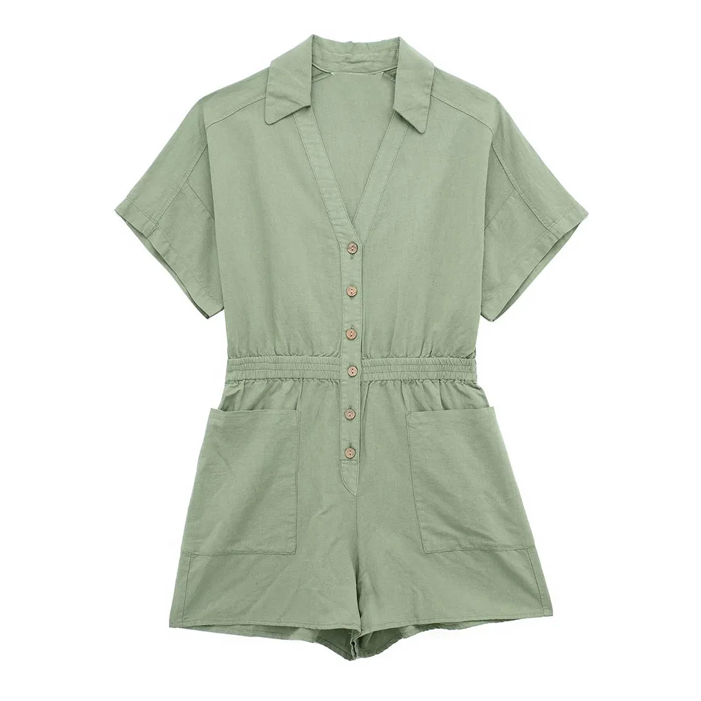 

PB&ZA Women 2023 Fashion New Linen Blend Short Jumpsuit Versatile V-neck Vintage Elastic Waist Casual Large Pocket