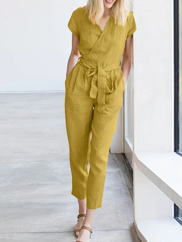 

Women Elegant V Neck Pencil Pant Jumpsuit Casual Short Sleeve Tie-Up Solid Office Romper Fashion Cotton Linen Playsuit Overalls