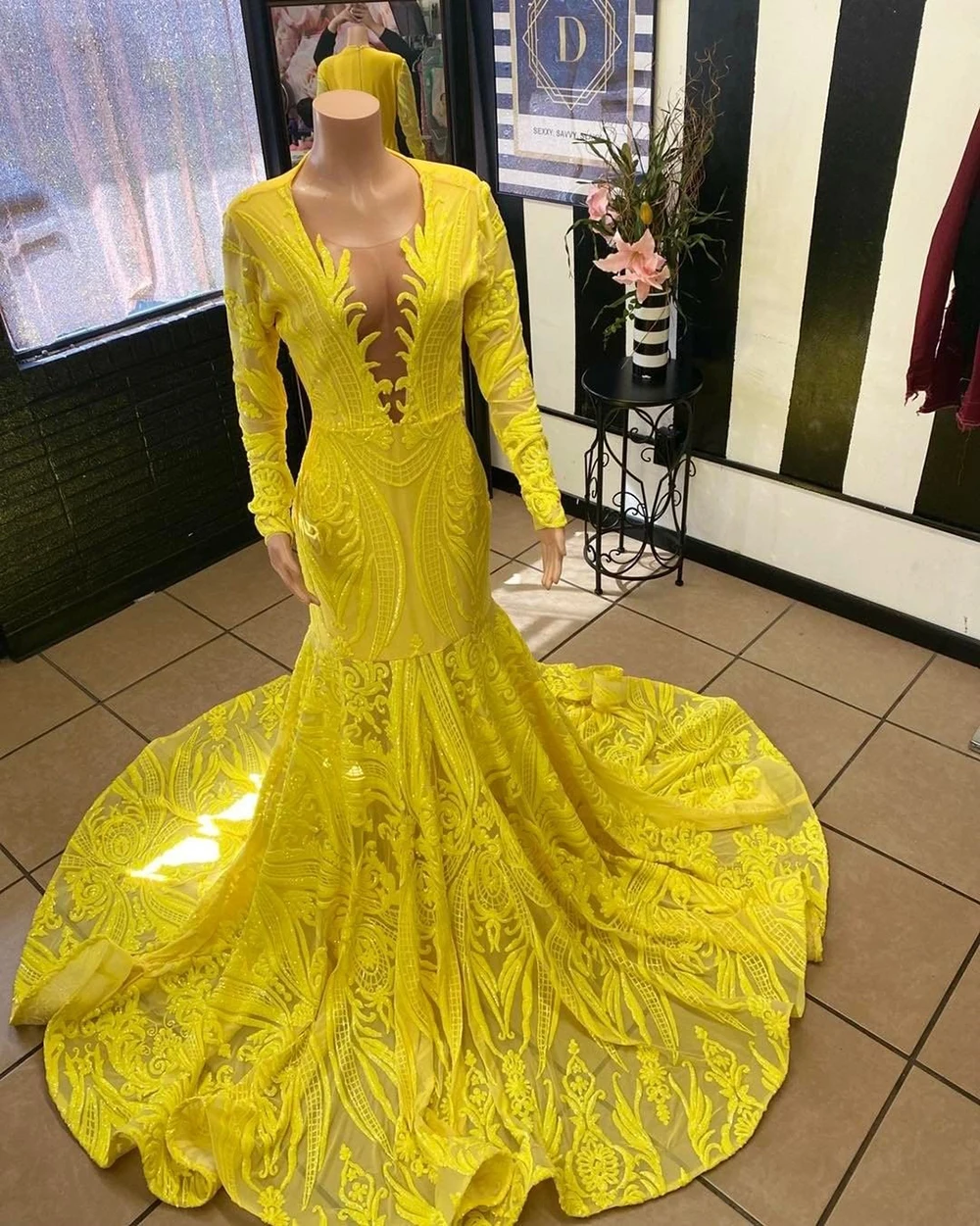 

Glitter Sequin Long Prom Dresses 2022 Real Pictures O-neck Long Sleeves Yellow Mermaid African Black Girl Party Prom Dress