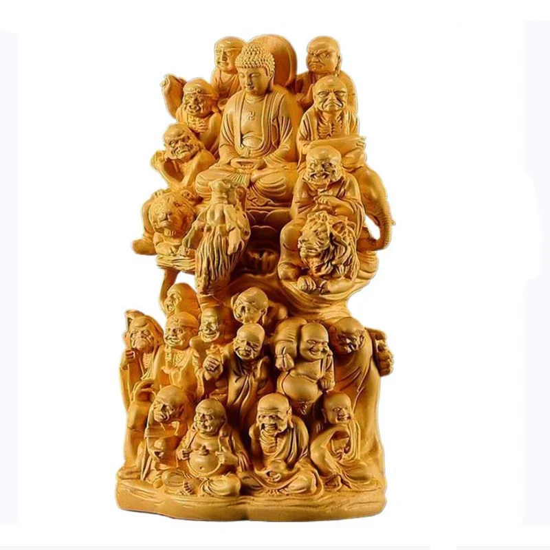 

Wood Carving Eighteen Arhats Buddha Figurine Aesthetic Room Decor Desk Statue Ornaments Home Guarding Sculpture Decoration