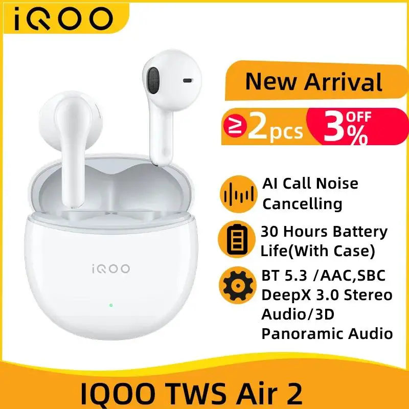 

VIVO IQOO TWS Air 2 TWS Earphone Bluetooth 5.3 AI Call Noise Cancelling True Wireless Headset 30 Hour Battery Life For IQOO 11S