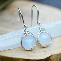 exquisite round moonstone hook earrings simple fashion metal silver color engagement wedding dangle earrings for women