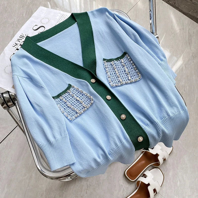 

New Summer Fashion Women Sweater Casual V Neck Puff Short Sleeve Cardigan Vintage Beaded Diamonds Ice Silk Knit Blouse Mujer