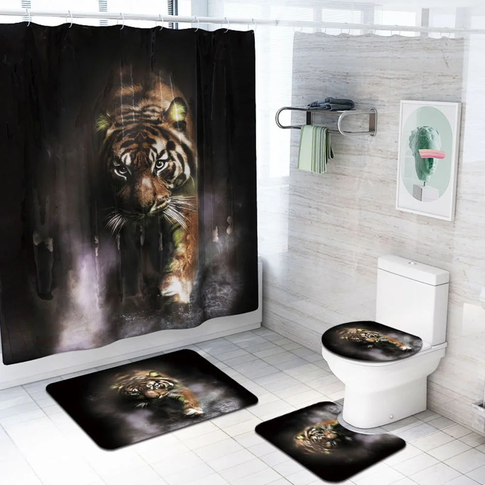 

With Hooks Universal Animal Print Polyester Shower Curtain Set Rugs Non Slip Lid Toilet Cover Practical Bath Mat Large Assorted
