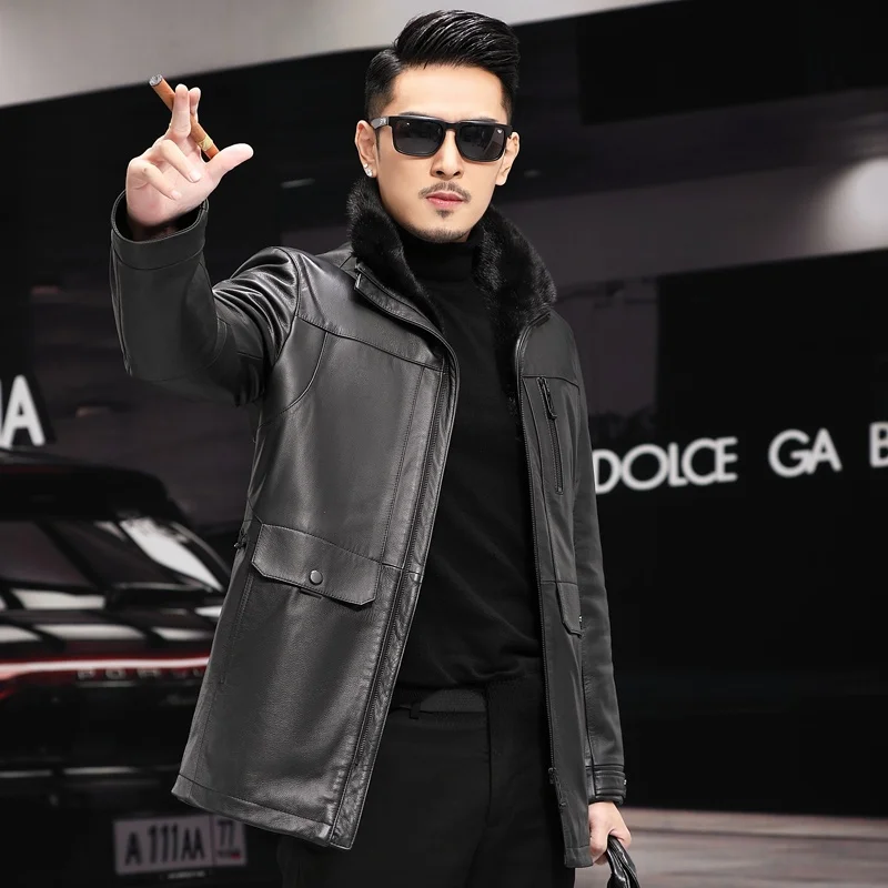 

Мужская теплая куртка из 100% натуральной воловьей кожи, с меховым воротником