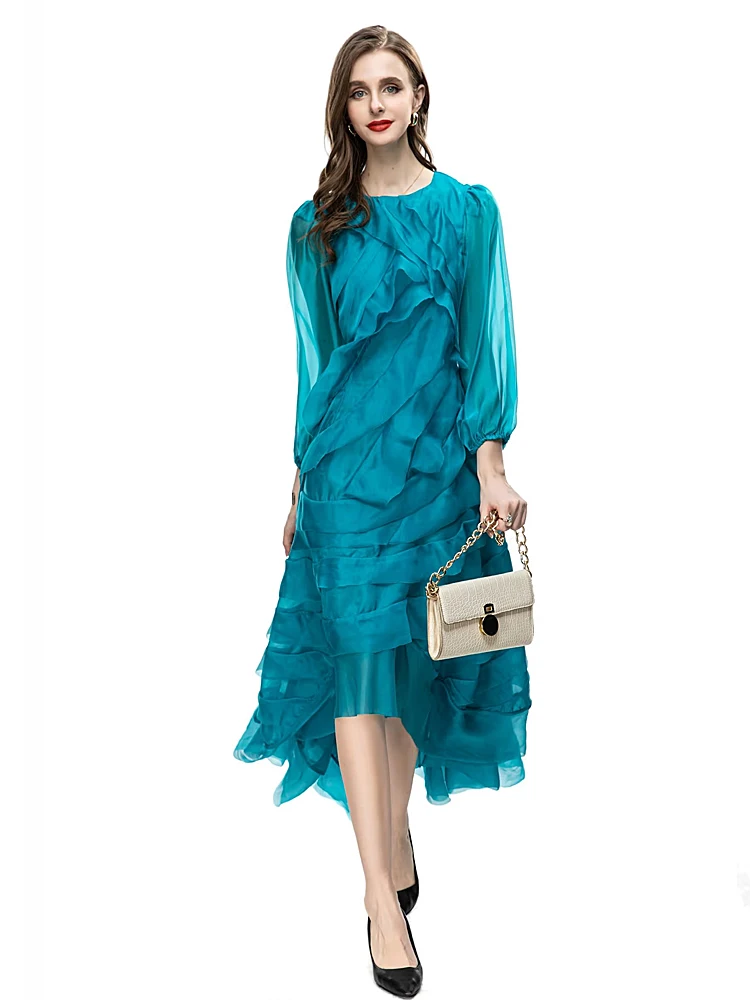 

Luxury Spring Autumn High Quality New Fashion Female Blue Asymmetric Unique Sweet Temperament Gentlewoman Celebrity Long Dress