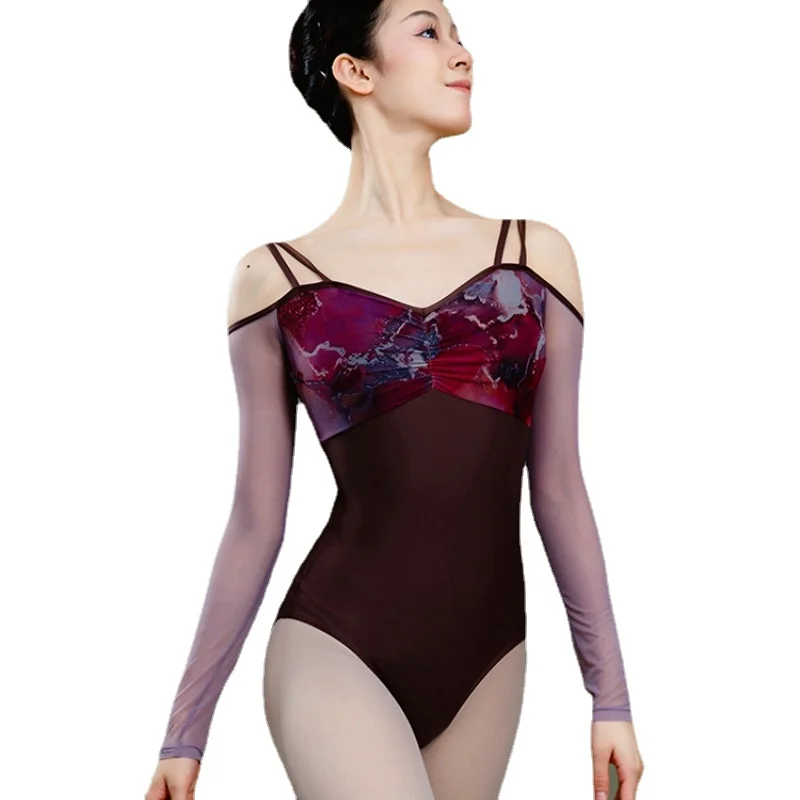 

Костюм для балета с длинным рукавом, Женский гимнастический трико с открытыми плечами для занятий йогой