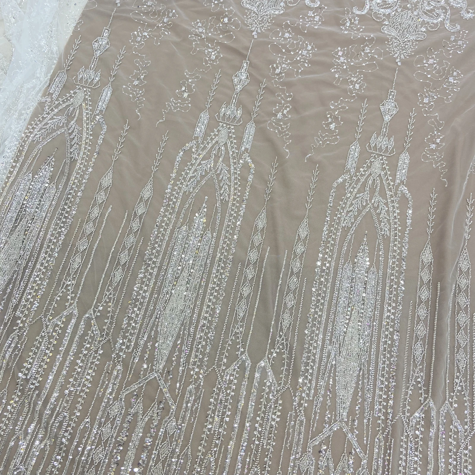 

Castle Court Style Sequin Silver Beads Embroidered Wedding Evening Dress Lace Fabric