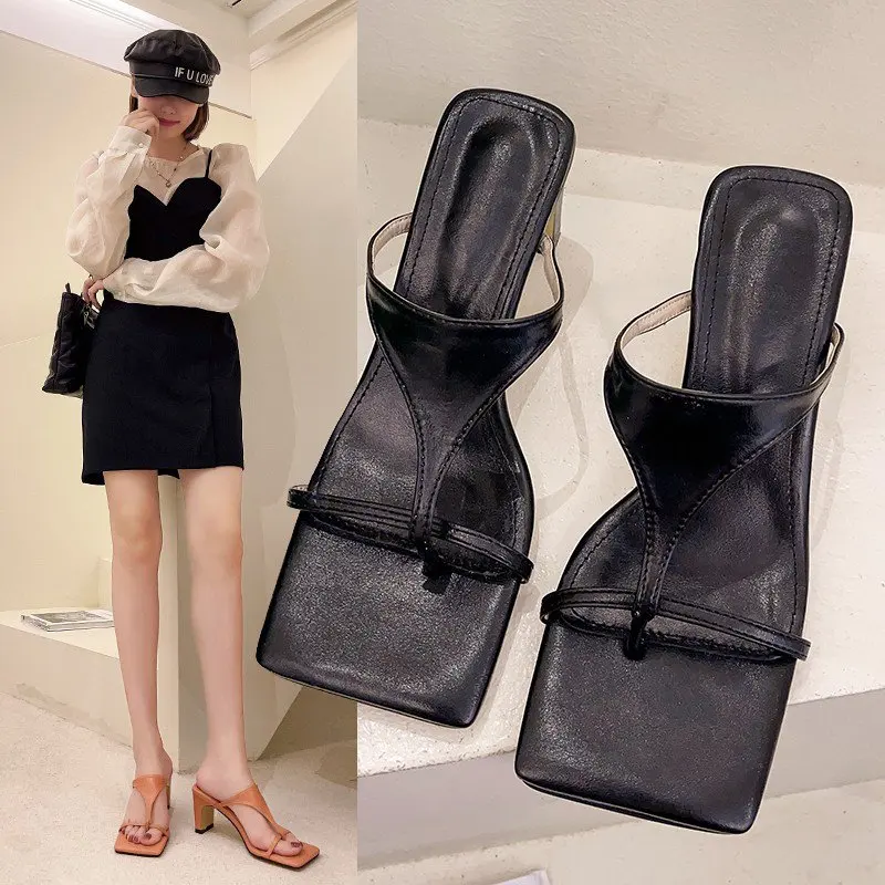 

2023 Ladies Squared Heels Woman Slippers Shoes Fashion Summer Women Design Mules Sandals Causal Flip Flop High Heels Slides