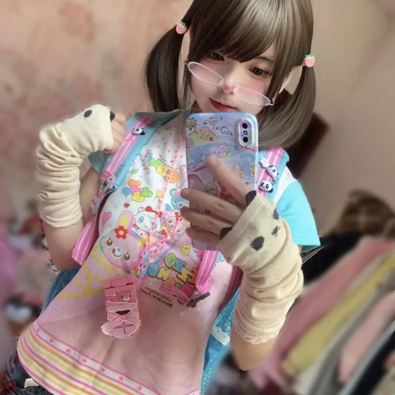 Фото HOUZHOU синие кавайные футболки Juminocore женские Y2k Cutecore полосатые футболки с короткими рукавами в японском стиле милые тонкие укороченные топы №3