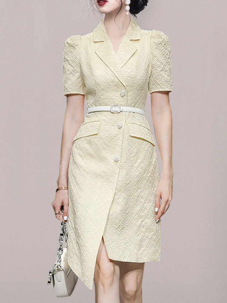 

Women Professional OL Dress 2022 Summer Solid Color Jacquard Notchde Single Breasted High Waist Sashes Elegant Office Lady Dress
