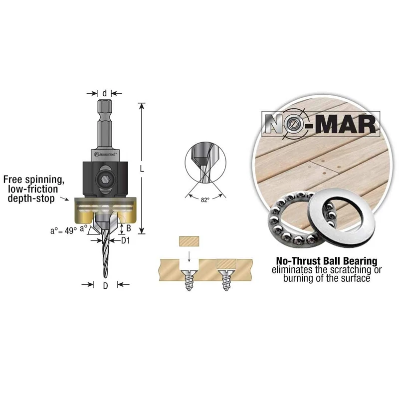 

82 Degree Carbide Tipped Woodworking Countersink Drill Bits with Adjustable Depth Stop No Thrust Ball Bearing