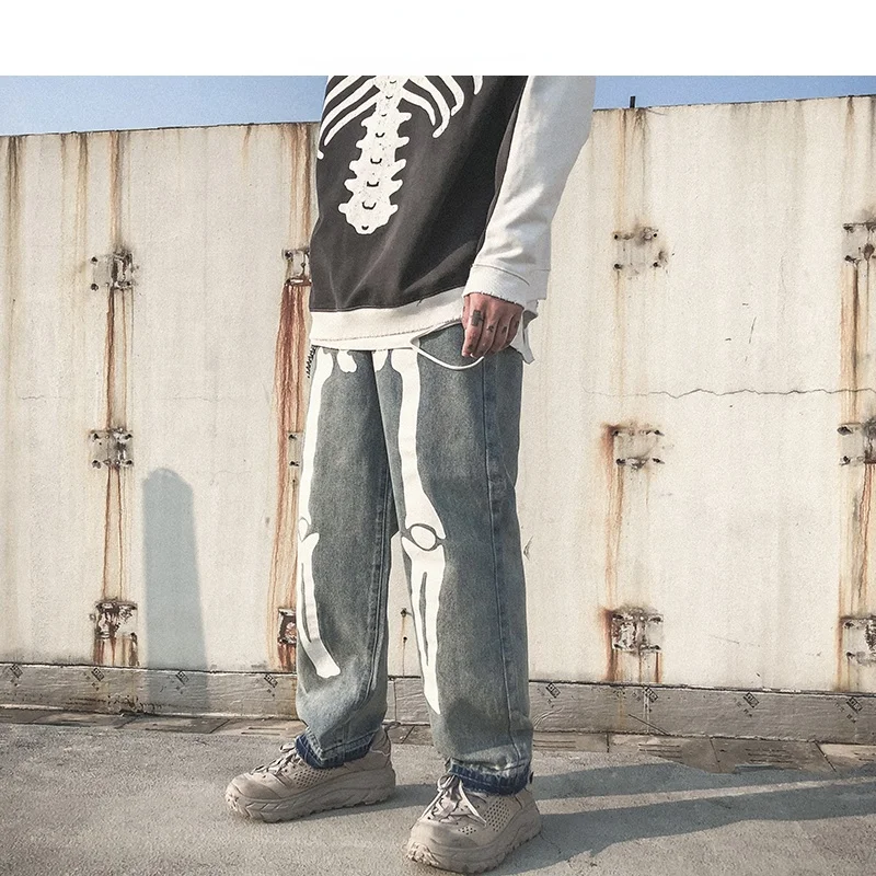 Men Skeleton Oversized Black Jeans Pants 2021 Denim Mens Streetwear Hip Hop Harem Pants High Wasit Denim Pants Overalls