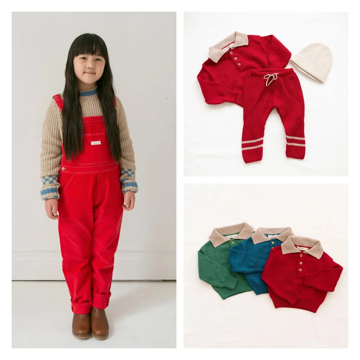 

In Stock 2022fin Spring Lapel Knit Pullover Children's Sweater Boys and Girls Red Denim Overalls