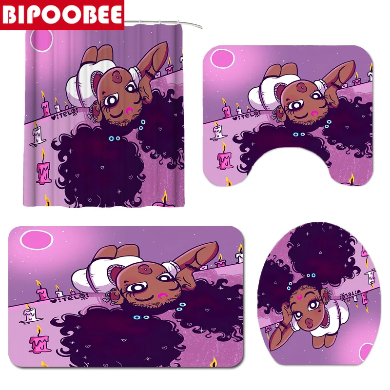 Милые волнистые волосы, душевая занавеска для чернокожей девочки, афроамериканский комплект для ванной, антискользящие коврики, луна, свеча, крышка для унитаза и ванная коврик.