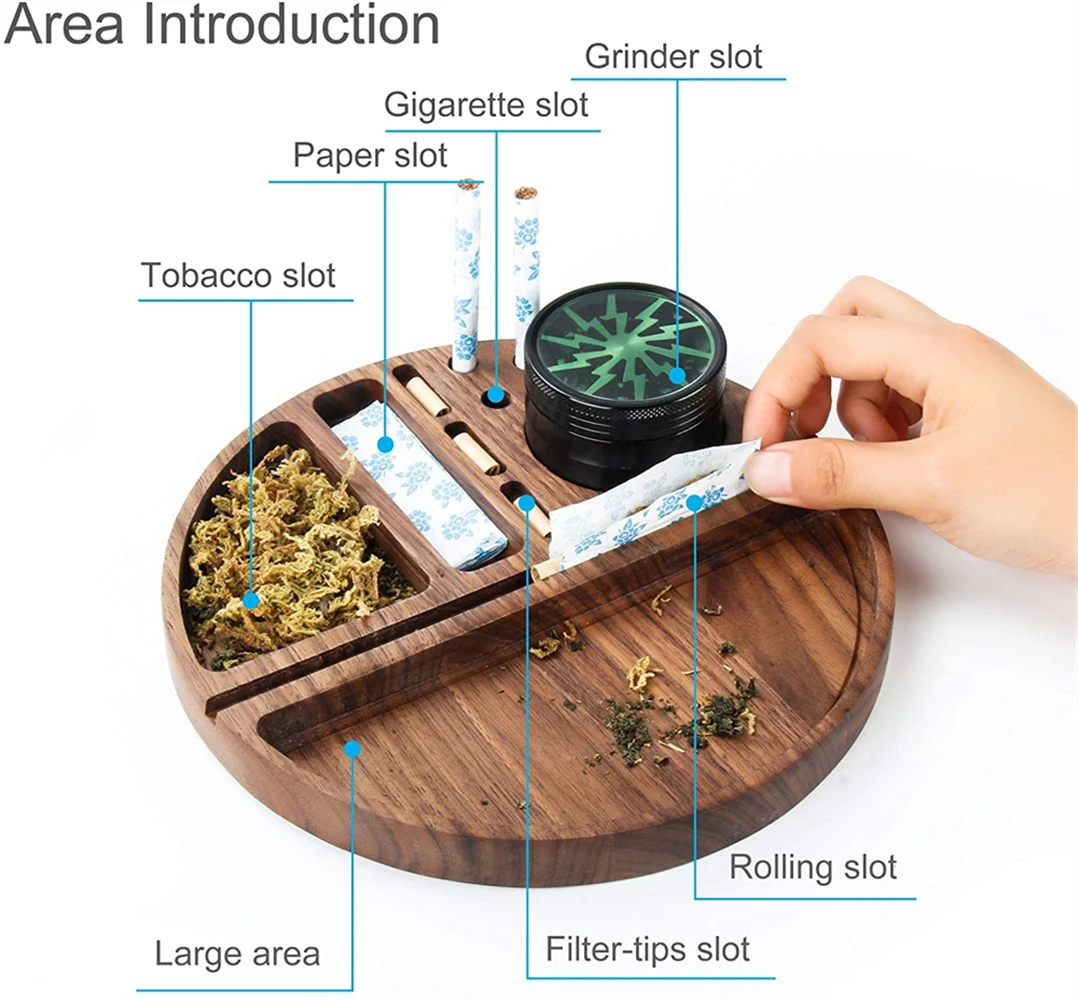 Wood Rolling Tray Black Walnut Smoking Paper Console Tobacco Herb Grinding Weed with 3 Slots | Дом и сад