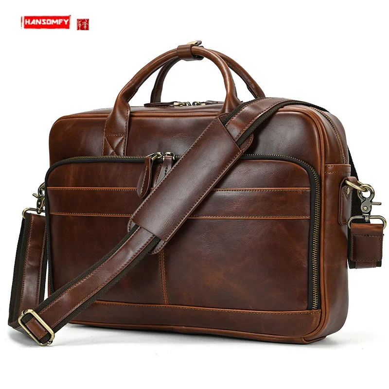 Genuine Leather Men's Handbags Business Briefcase 14-15.6 Inch Portable Laptop Bag Retro Shoulder Messenger Bag Large Capacity