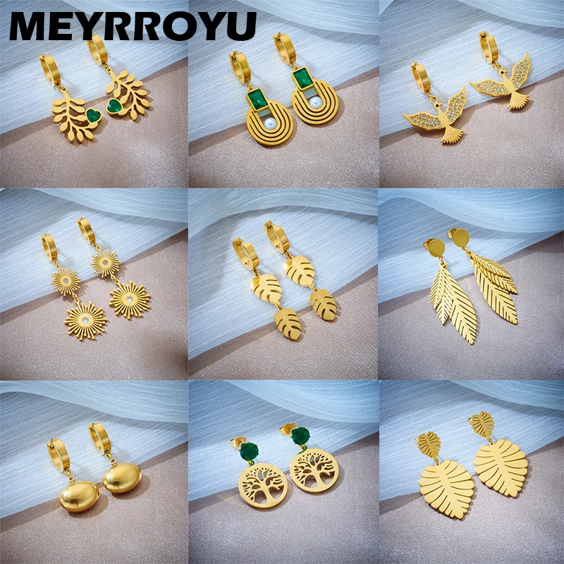 Женские серьги-кольца MEYRROYU из нержавеющей стали 316L с зеленым Цирконом