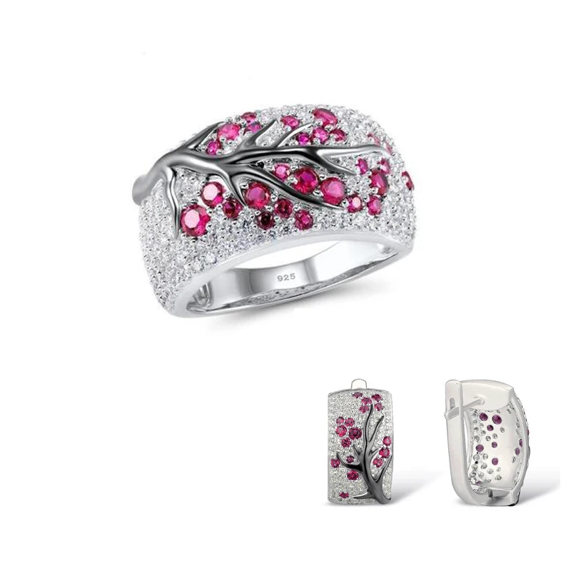 

2019 Wedding Bridal Jewelry Sets Red CZ Leaf Tree Crystal Lower Earrings Rings for Women 925 sterling silver Wedding Jewelry
