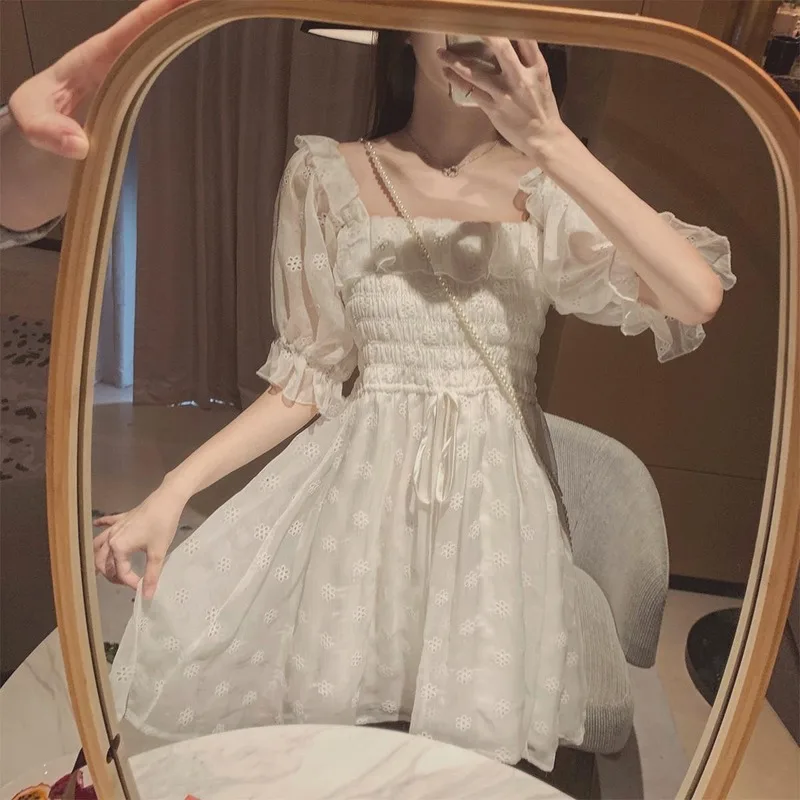 

Women French Summer White Puff Sleeve Dress Korean Style Sweet Fairy Lace Chiffon Kawaii Solid Elegant Vintage Dress Vestidos