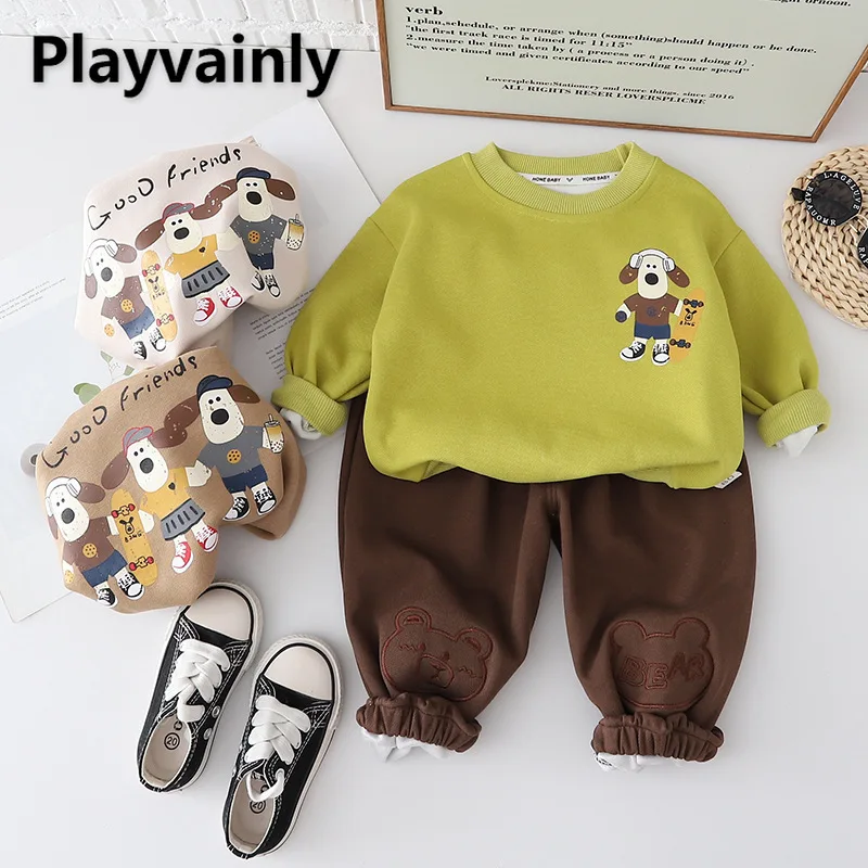 

Новый весенне-осенний детский спортивный костюм с милым принтом, пуловер с круглым вырезом и длинным рукавом, свитшот + спортивные брюки, повседневная одежда для мальчиков E2335