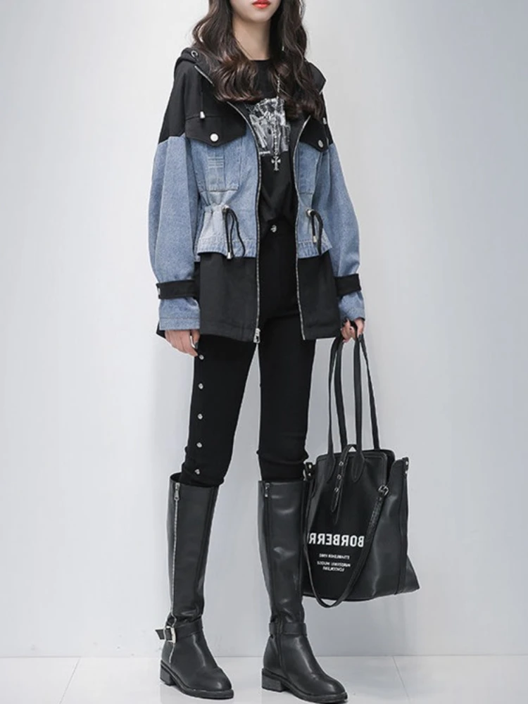 

New Spring Autumn Middle and Long Windbreaker Women's Waist Is Slim Splicing Denim Jacket Women Denim Jacket Women Coats Tops