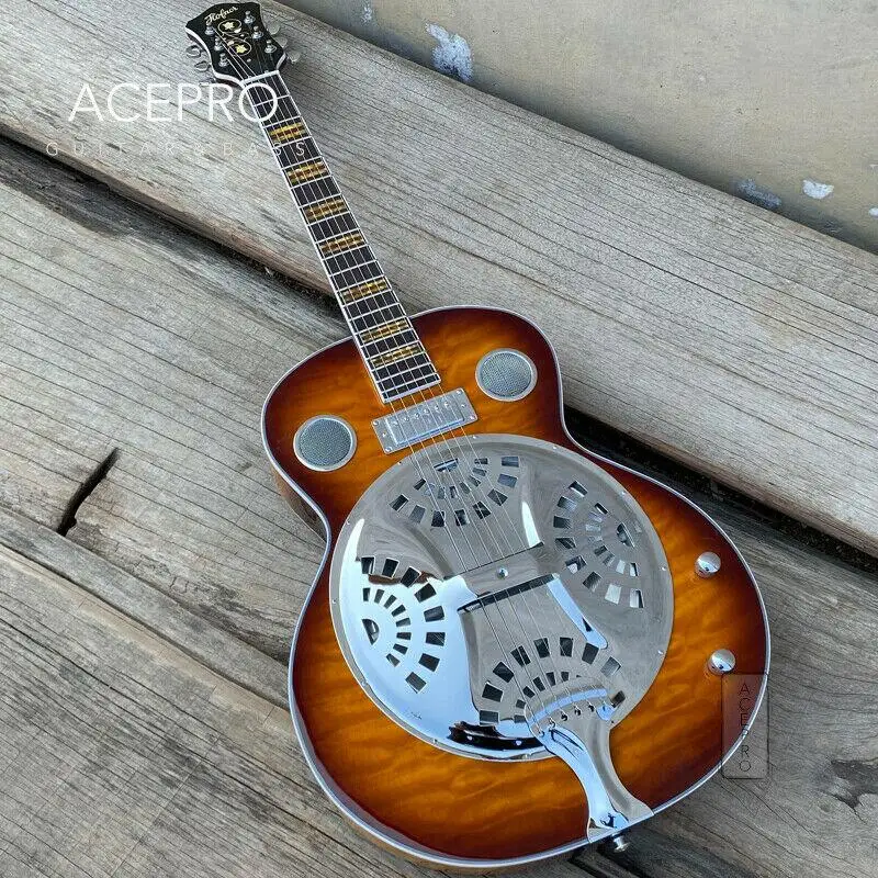 

Resonator Steel Electric Guitar Vintage Sunburst Quilted Maple Top & Back Yellow Inlays High Quality Guitarra Free Shipping